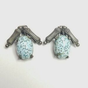 Vintage Blue Cabochon and Silver Tone Clip On Earrings, Retro Design, Estate